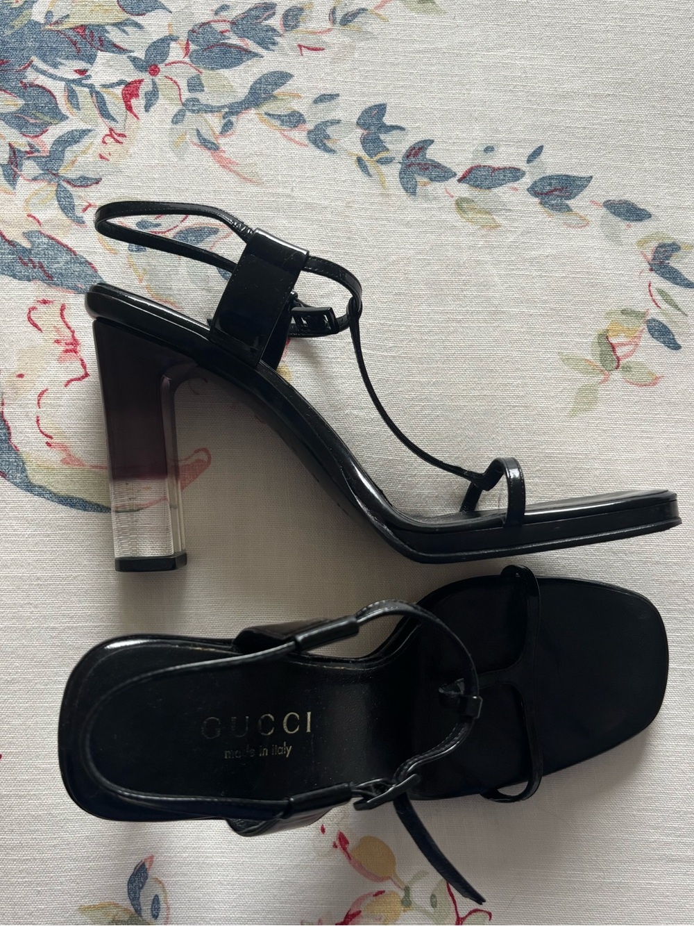 Vintage GUCCI Black Patent T-Strap Acrylic Block Heels | Size 7